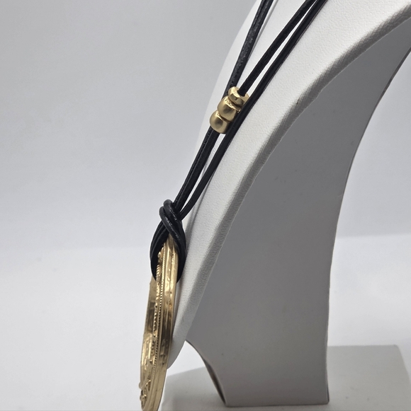 Chico’s Gold Tone Circle Pendant Necklace Black Cord - Picture 5 of 6